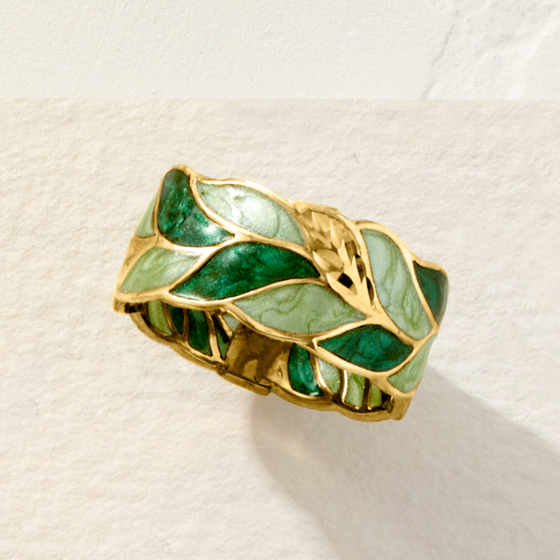14kt yellow gold leaf enamel ring, angled view with green and light enamel insets