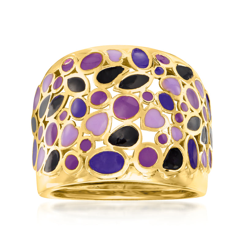 14kt yellow gold enamel polka dot ring with purple and black spots