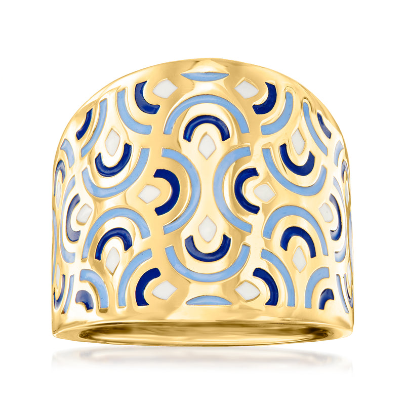 14kt yellow gold ring with blue and white geometric enamel pattern