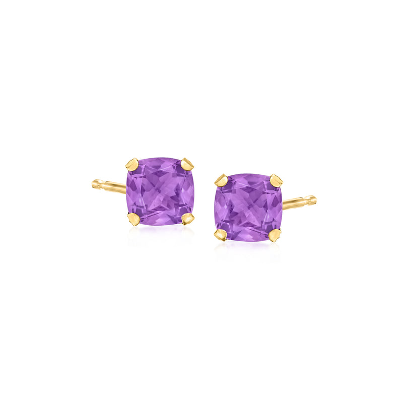 Amethyst martini stud earrings in 14kt yellow gold, cushion-cut purple gemstones