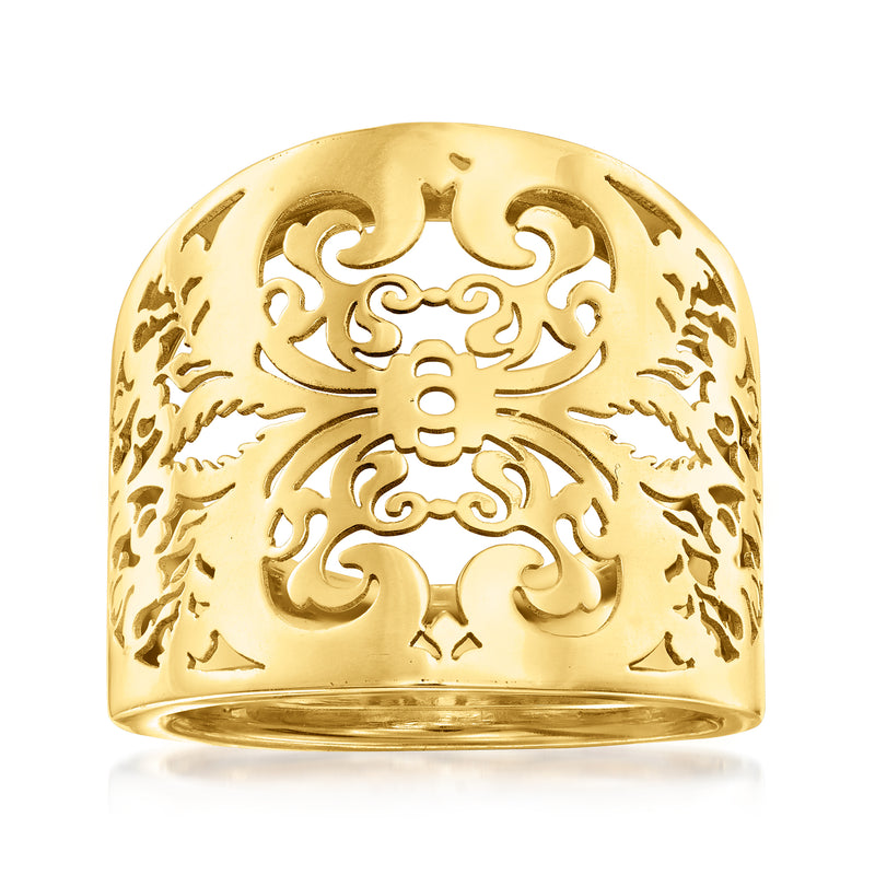 Yellow 14kt gold openwork ring with ornate scrollwork and cutout design