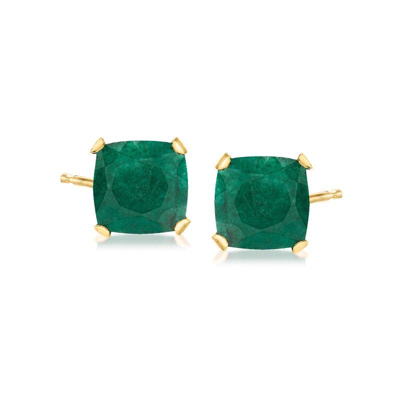 Emerald green cushion-cut stud earrings in 14kt yellow gold with four prongs