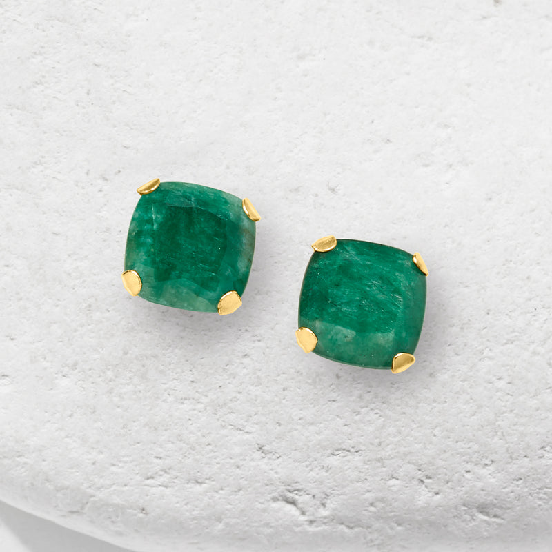 Emerald green cushion-cut stud earrings, 14kt yellow gold four-prong setting