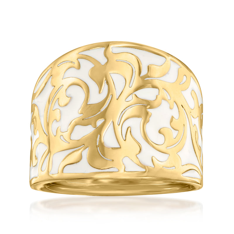 Yellow gold ring with white enamel scrollwork, wide band