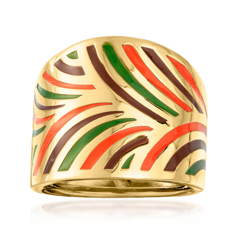 Italian multicolored enamel ring in 14kt yellow gold, curved band with stripe motif