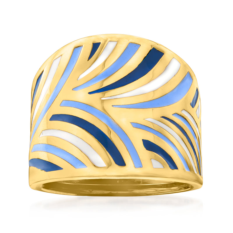 14kt yellow gold enamel ring with blue and white wavy pattern, domed top