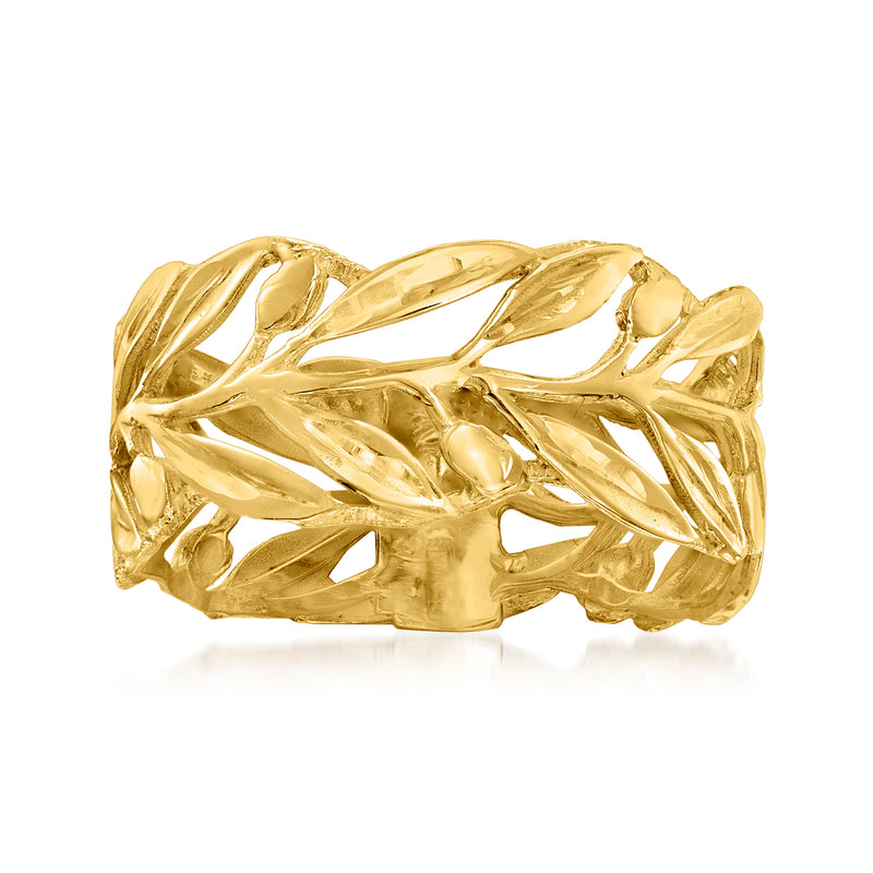 14kt yellow gold openwork leaf band ring with raised leaf pattern and cutouts