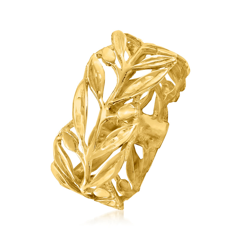 Yellow gold openwork leaf ring band with raised cutout leaf design, side view
