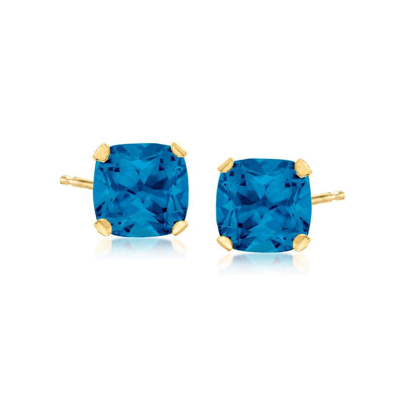 14kt yellow gold London blue topaz cushion stud earrings, four-prong setting