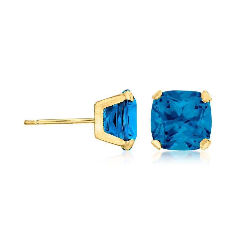 14kt yellow gold London blue topaz cushion stud earring with straight post and prongs