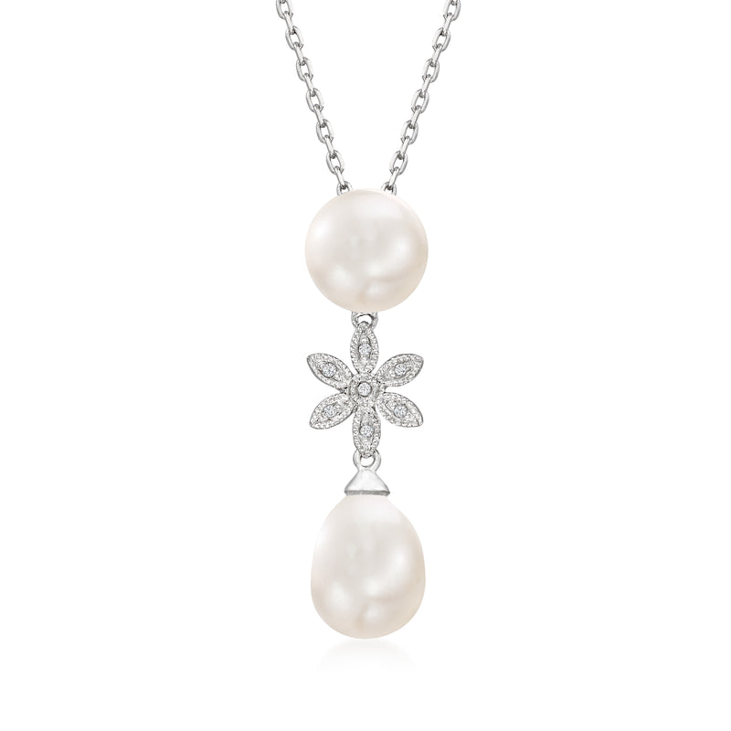 Sterling silver pendant necklace with two white cultured pearls and diamond-accented flower
