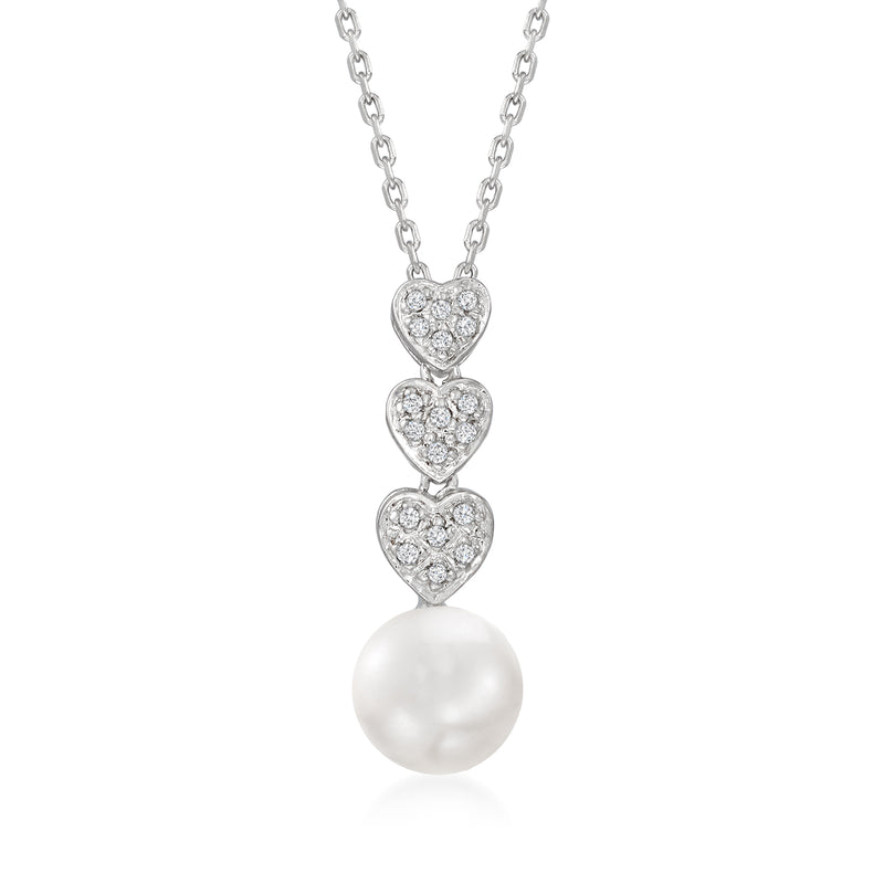 Sterling silver heart trio pendant necklace with diamond accents and white cultured pearl