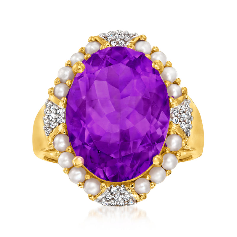 Gold ring with large oval amethyst center, diamond accents, and pearl border