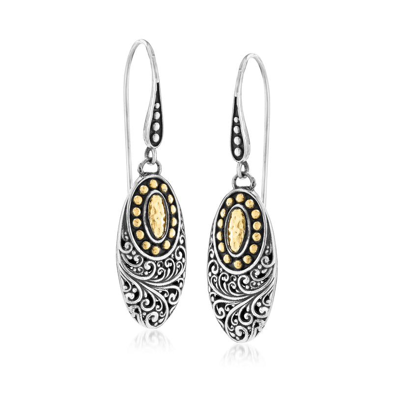 Sterling silver drop earrings with bali-style scrollwork and oval yellow gold inset