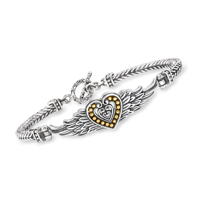 Silver heart and angel wings bracelet with yellow-gold heart center