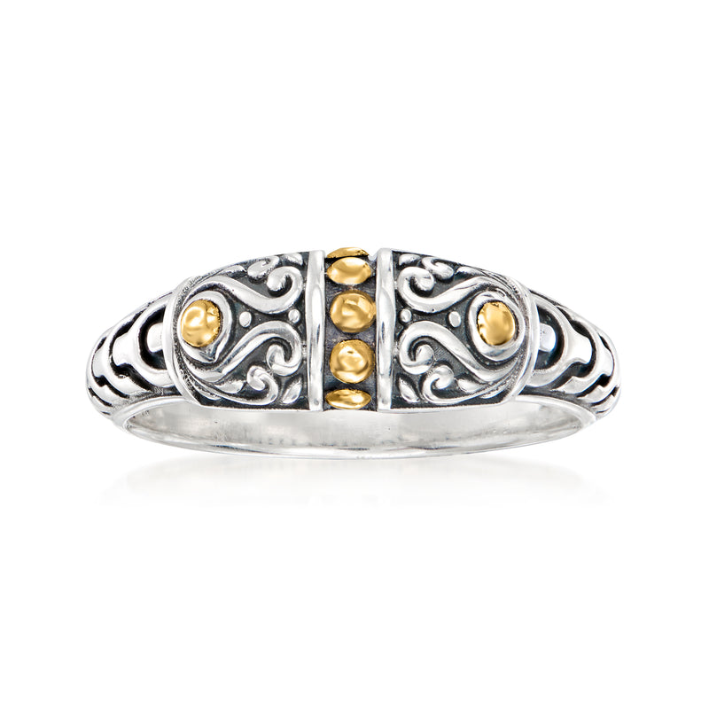 Sterling silver and 18kt yellow gold Bali-style scrollwork ring with gold inlays