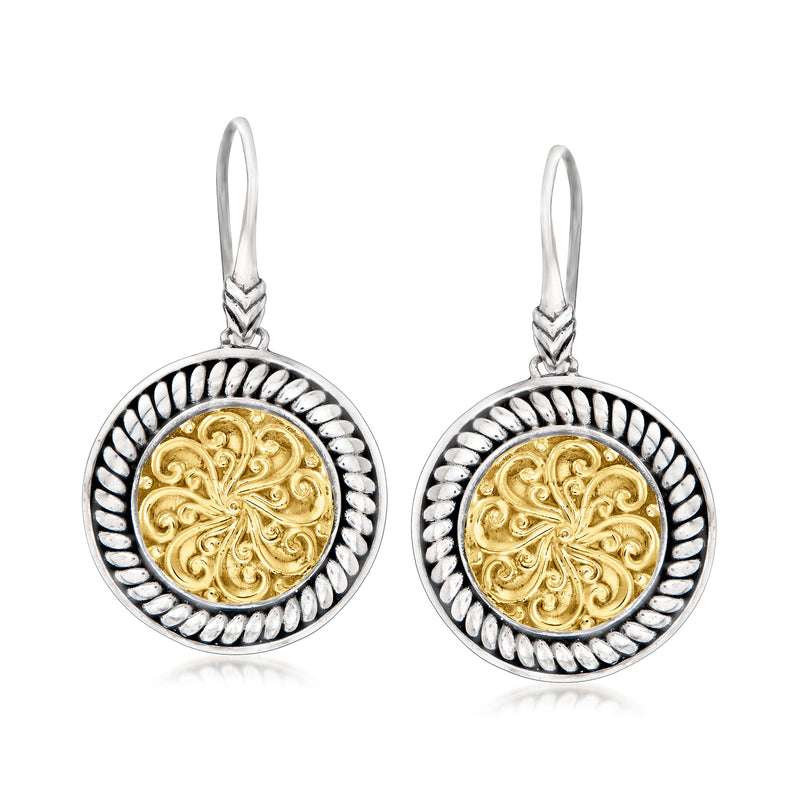 Bali-style drop earrings with round gold medallion center and silver beaded border, hoop earwire