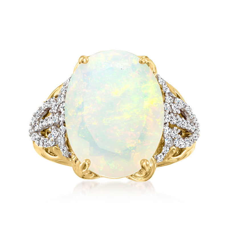 14kt yellow gold ring with oval opal center and sparkling diamond side accents