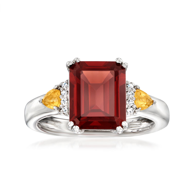 Sterling silver ring with rectangular garnet center, citrine side stones, diamond accents