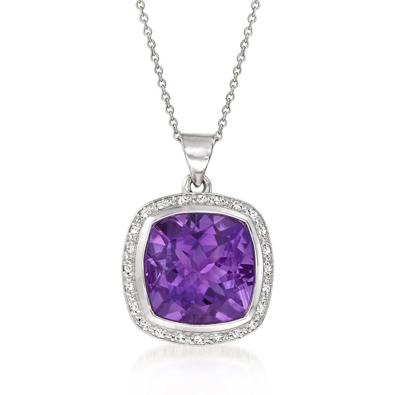 Sterling silver amethyst pendant necklace with diamond halo and link chain