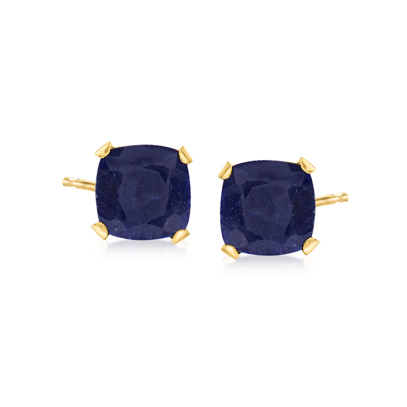 14kt yellow gold sapphire stud earrings with cushion-cut dark blue gemstones