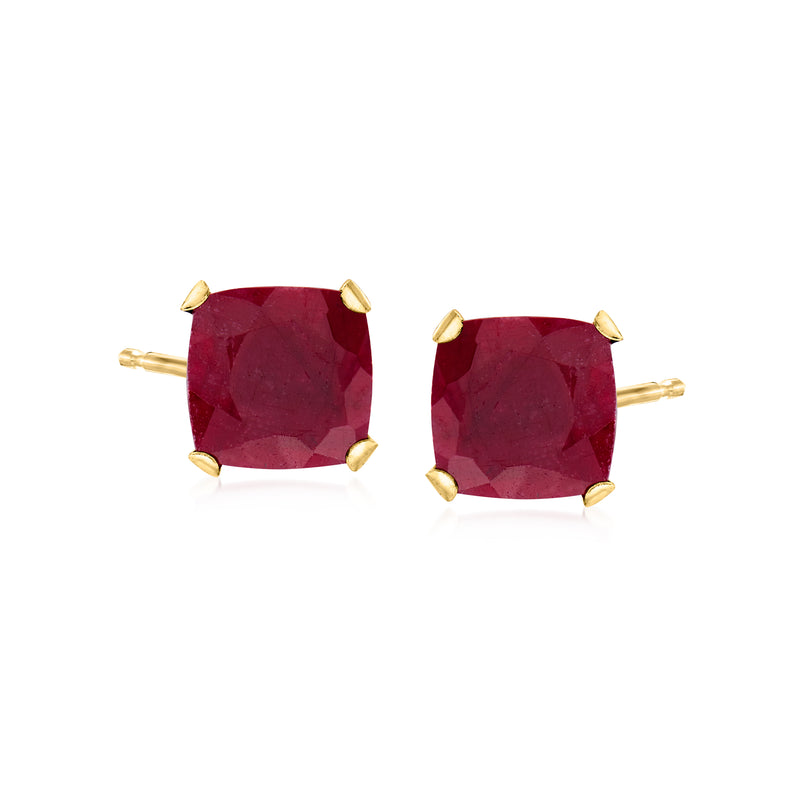 14kt yellow gold ruby stud earrings with square cushion-cut red stones