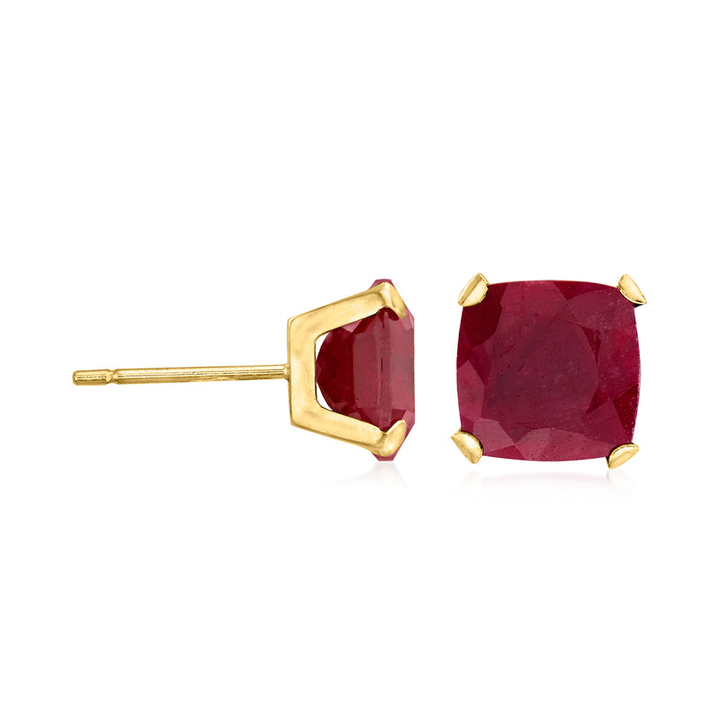 14kt yellow gold ruby stud earring with cushion-cut red stone and prongs
