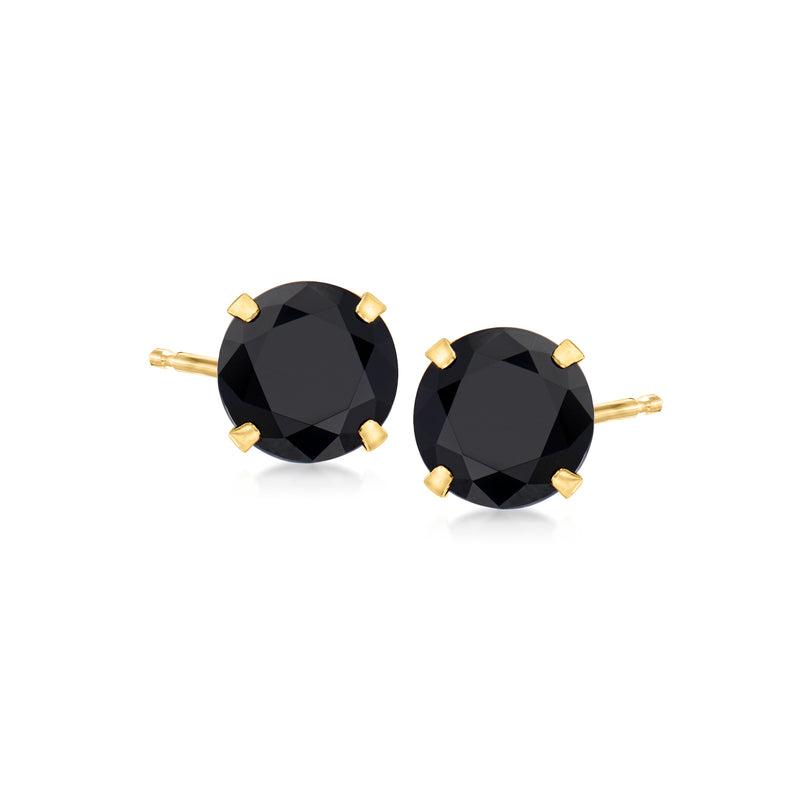 Black spinel round stud earrings in 14kt yellow gold, bezel with four prongs