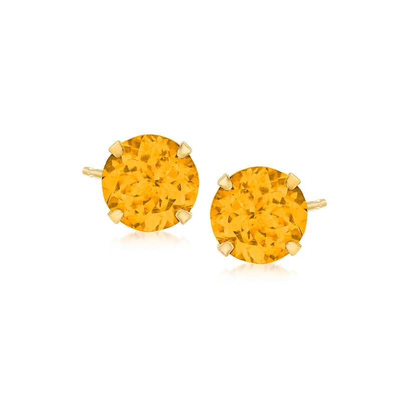 14kt yellow gold citrine stud earrings with round faceted gemstones