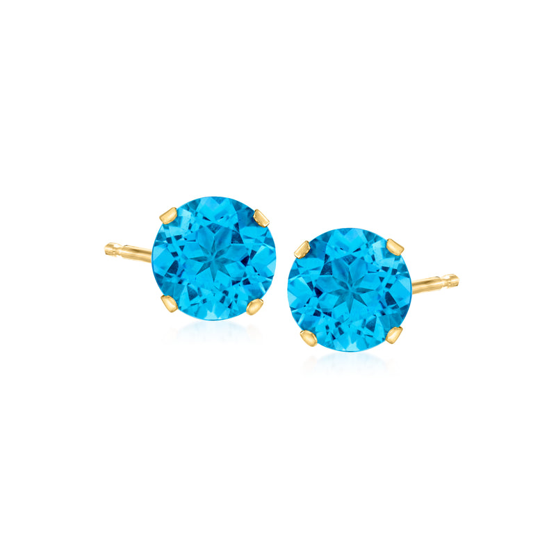 Round blue topaz stud earrings in 14kt yellow gold, martini-style settings