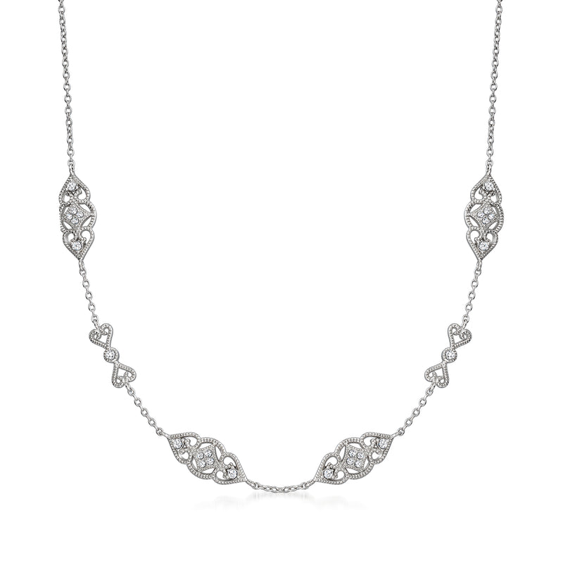 Sterling silver CZ station necklace with repeating filigree teardrop links