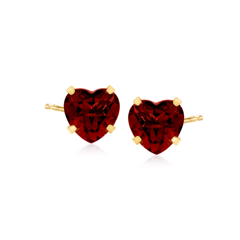 14kt yellow gold garnet heart stud earrings with red prong-set stones