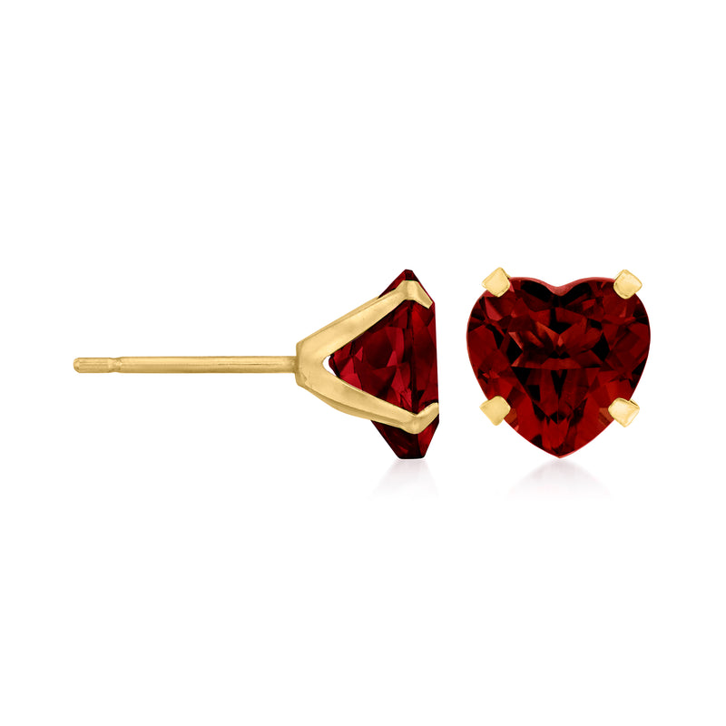 14kt yellow gold garnet heart stud earring with red heart stone and prongs