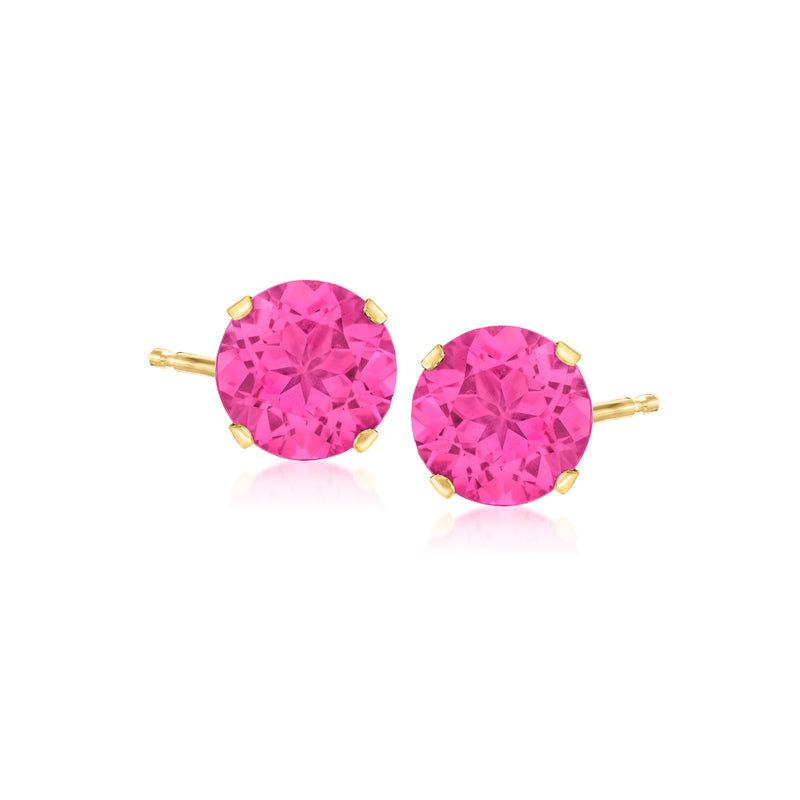 Pink topaz stud earrings, round pink gemstones in 14kt yellow gold martini settings