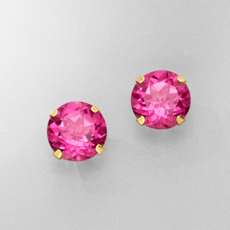 Round pink topaz stud earrings in 14kt yellow gold with gold prong-set settings