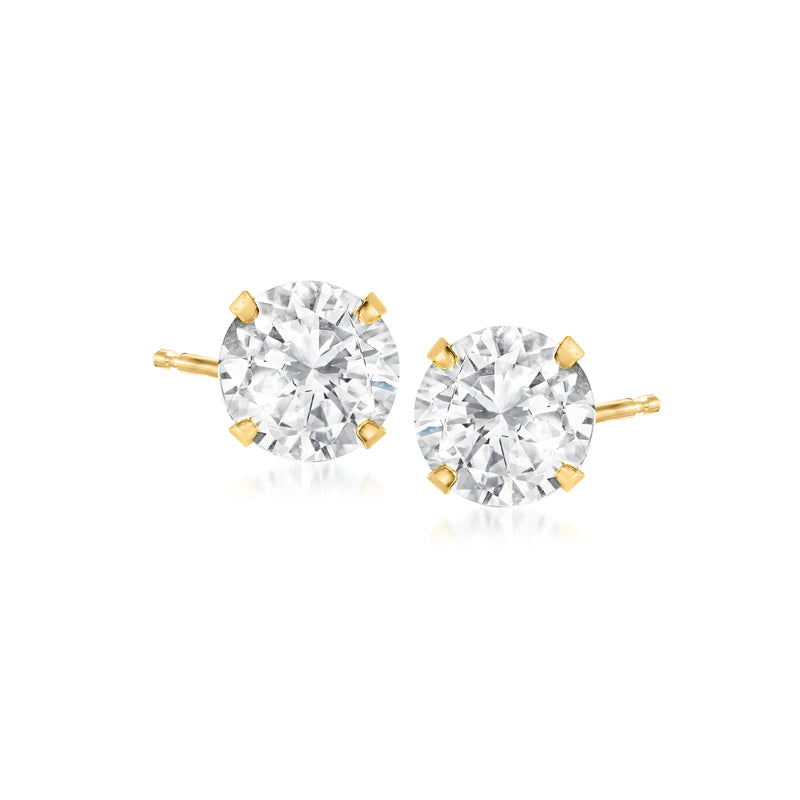 Round white topaz stud earrings in 14kt yellow gold, four-prong settings