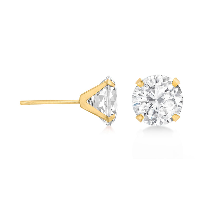 White topaz stud earring in 14kt yellow gold with hex-prong halo and post back