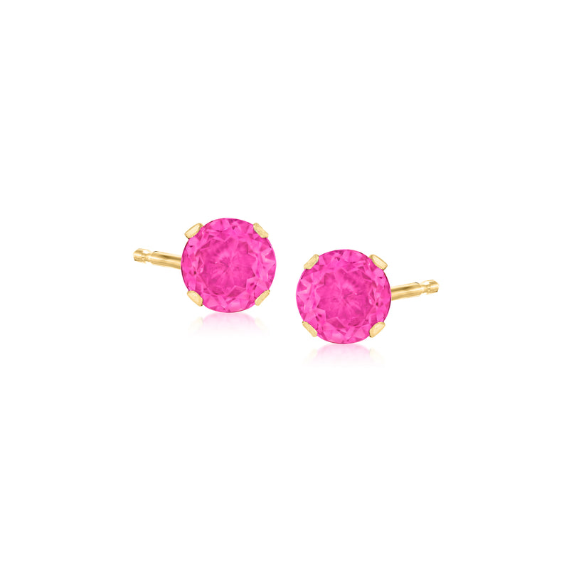 14kt yellow gold pink topaz stud earrings with round gemstones