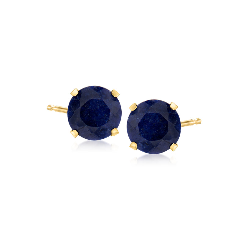 14kt yellow gold sapphire stud earrings with round dark-blue stones and prong settings