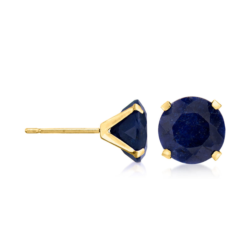 Sapphire stud earring in 14kt yellow gold, round dark-blue stone on side with gold post