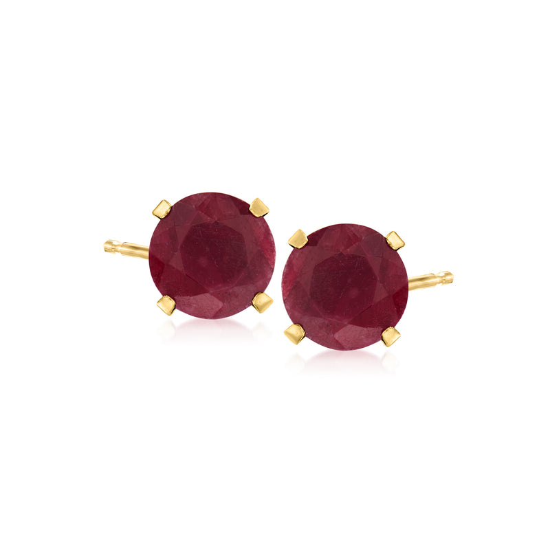 14kt yellow gold ruby stud earrings with two round dark-red gemstones