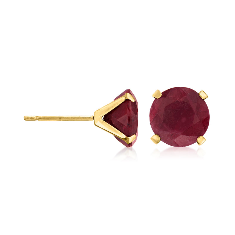 14kt yellow gold ruby stud earrings with round and marquise-cut dark-red stones