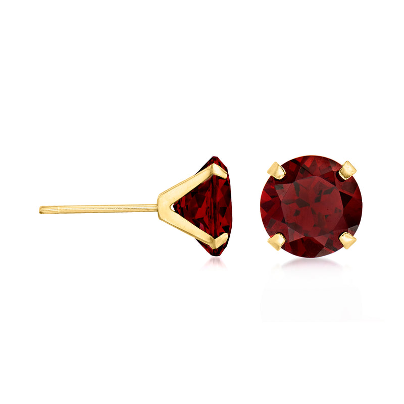 Round garnet stud earrings in 14kt yellow gold, side view of settings