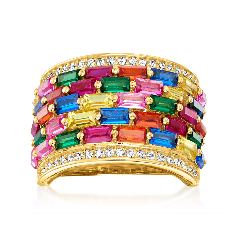 18kt gold over sterling multicolored CZ band ring with baguette stones and clear accents