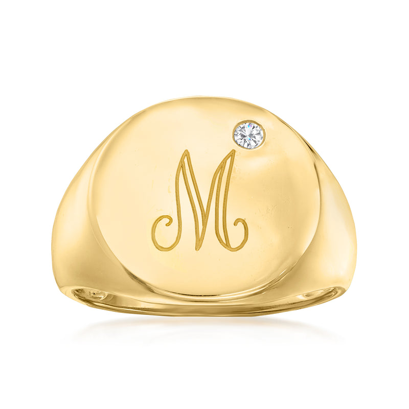 14kt yellow gold signet ring with engraved monogram and round diamond accent