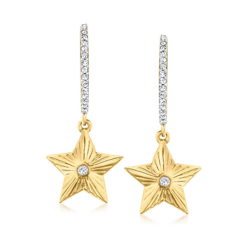 Diamond star hoop drop earrings in gold with pavé hoops