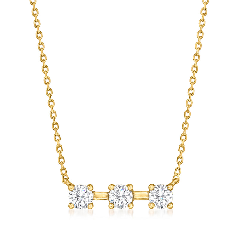 Three-diamond bar necklace, 14kt yellow gold chain with three round-cut stones