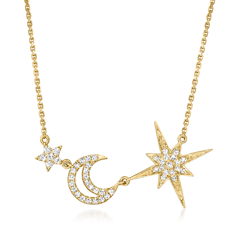 14kt yellow gold diamond star and moon pendant necklace with chain