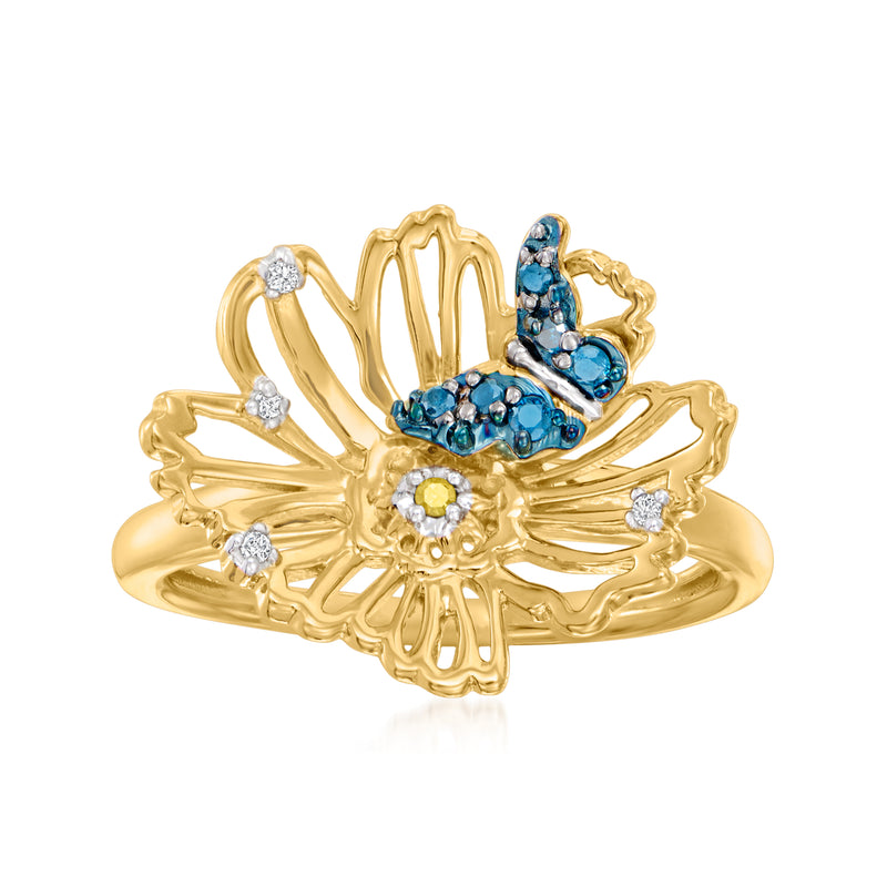 18kt gold over sterling openwork flower ring with blue gemstones and clear accents