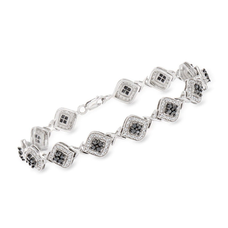 Sterling silver diamond bracelet with alternating square black and clear stones